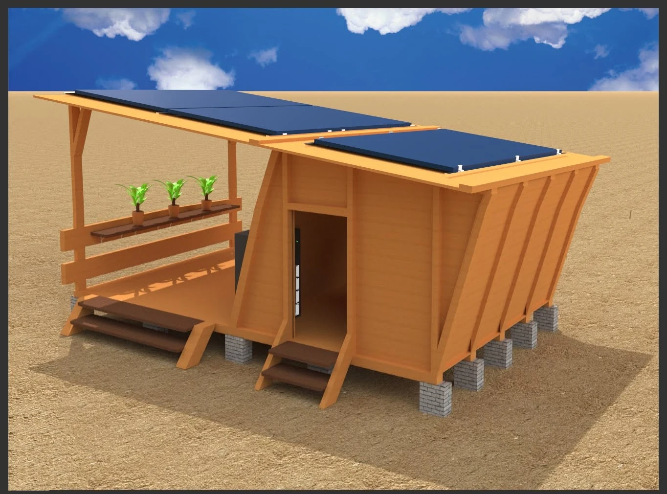 3D render of a wooden cabin with a SonPowerSolar server-rack power station inside